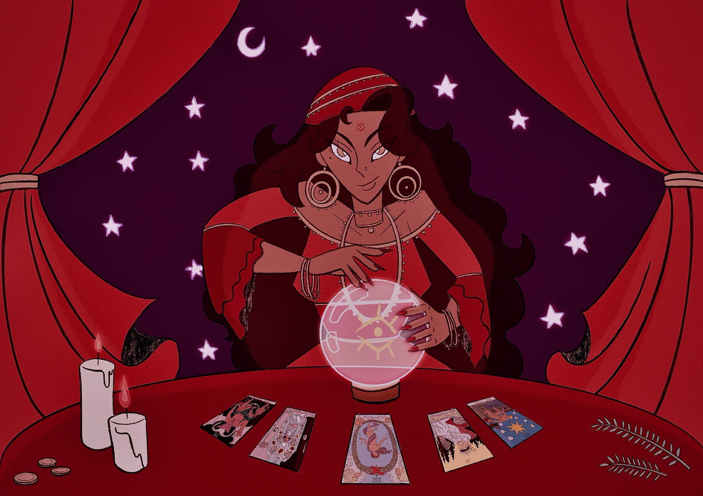 A fortune teller sits behind a table with tarot cards, candles, and a glowing crystal ball marked with an eye symbol. Red curtains frame the scene against a purple star-filled night sky.