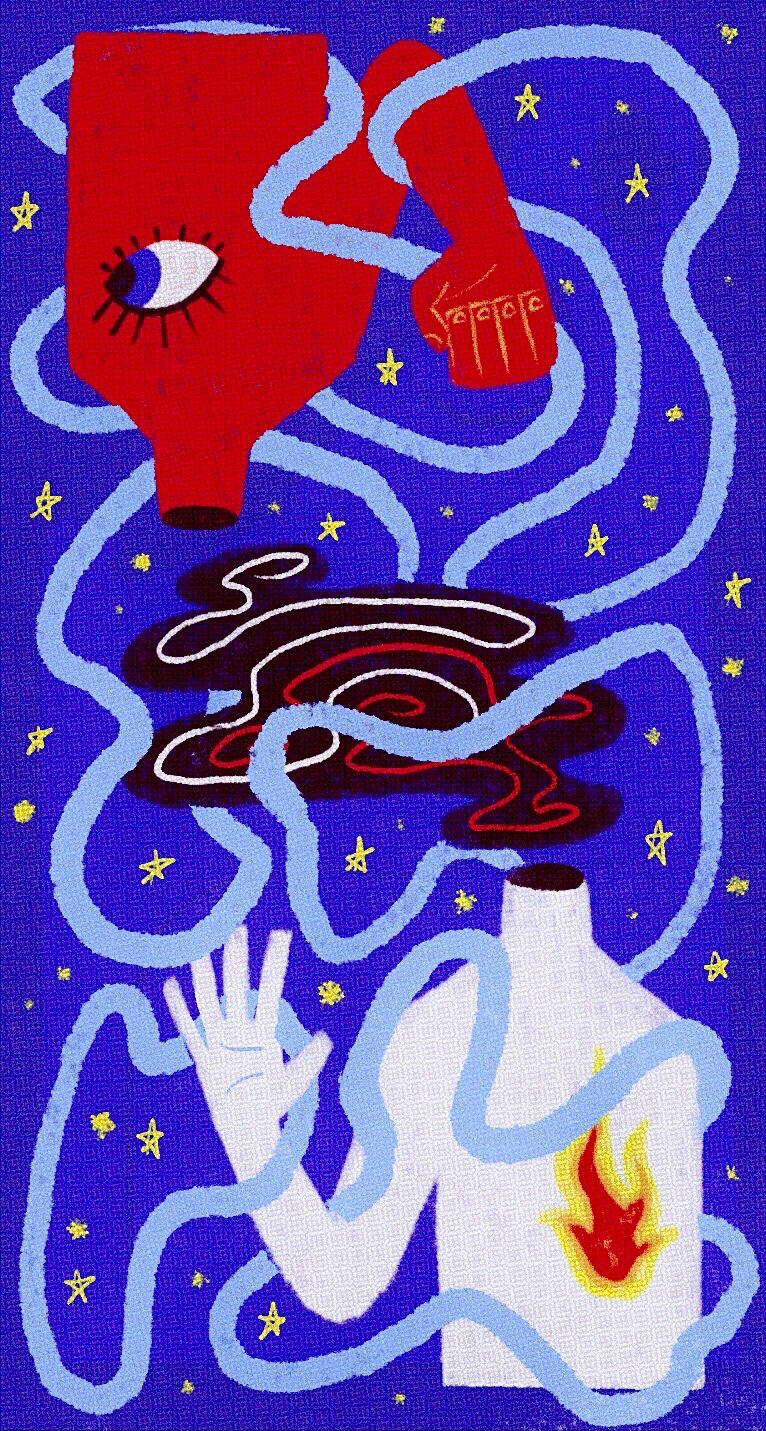 Two surreal, headless figures connected by pale blue ribbons float beneath a star-filled sky. The red figure has a single eye and a clenched fist, while the white figure has an open hand and a glowing flame in its chest.