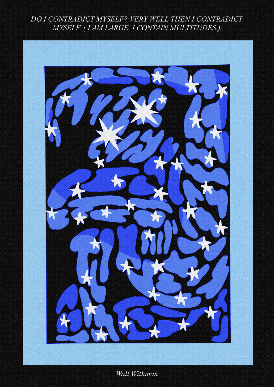 An abstract figure composed of flowing blue shapes and scattered white stars on a black background. The face gradually emerges from the pattern beneath a quote by Walt Whitman.