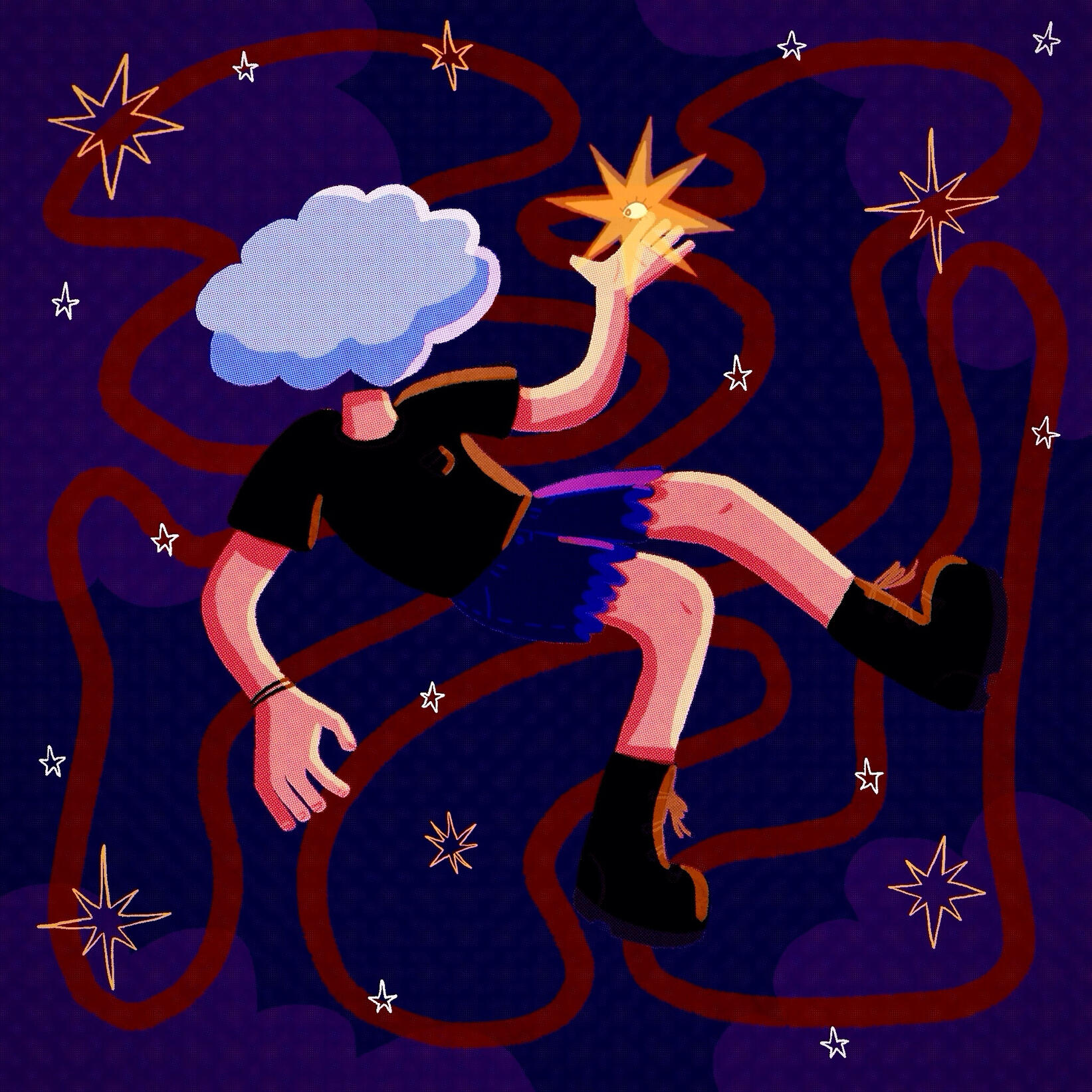 A surreal figure with a cloud instead of a head floats through a dark purple sky, holding a glowing star with an eye at its center. Red winding paths and scattered stars surround the dreamlike scene.