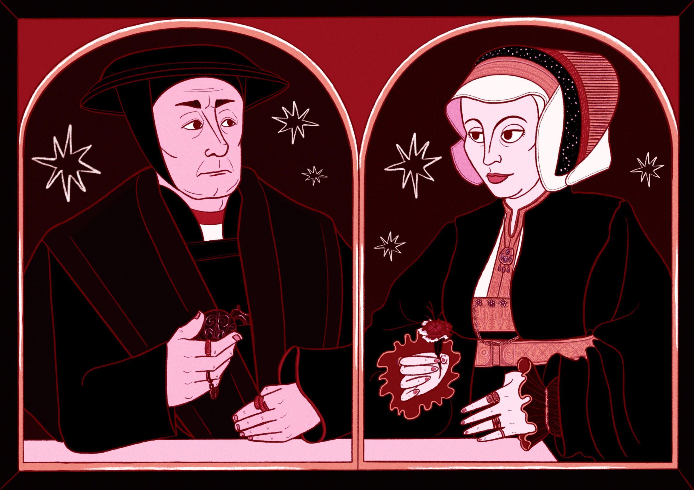 A stylized portrait of a historical couple seated side by side within two arched frames. The figures wear period clothing and hold symbolic objects against a dark red background decorated with stars.