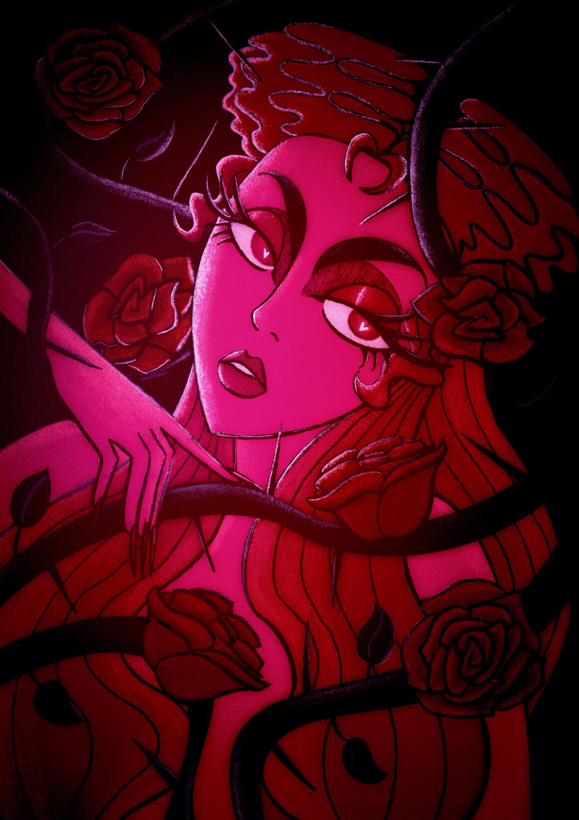 A dramatic portrait of a woman (artist Juriji der Klee in her costume paying tribute to "The Rose of Versailles2) surrounded by thorny vines and deep red roses. Glowing pink and red lighting creates a dark, romantic atmosphere.