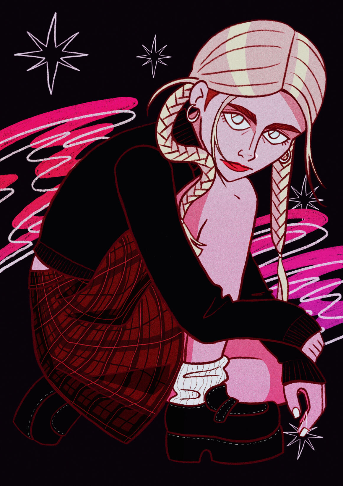 A stylized portrait of a blonde woman (Emma Chamberlain) crouching against a dark background, surrounded by flowing pink ribbon-like shapes and white stars. Bold pink, black, and deep red tones create a dramatic, graphic composition.