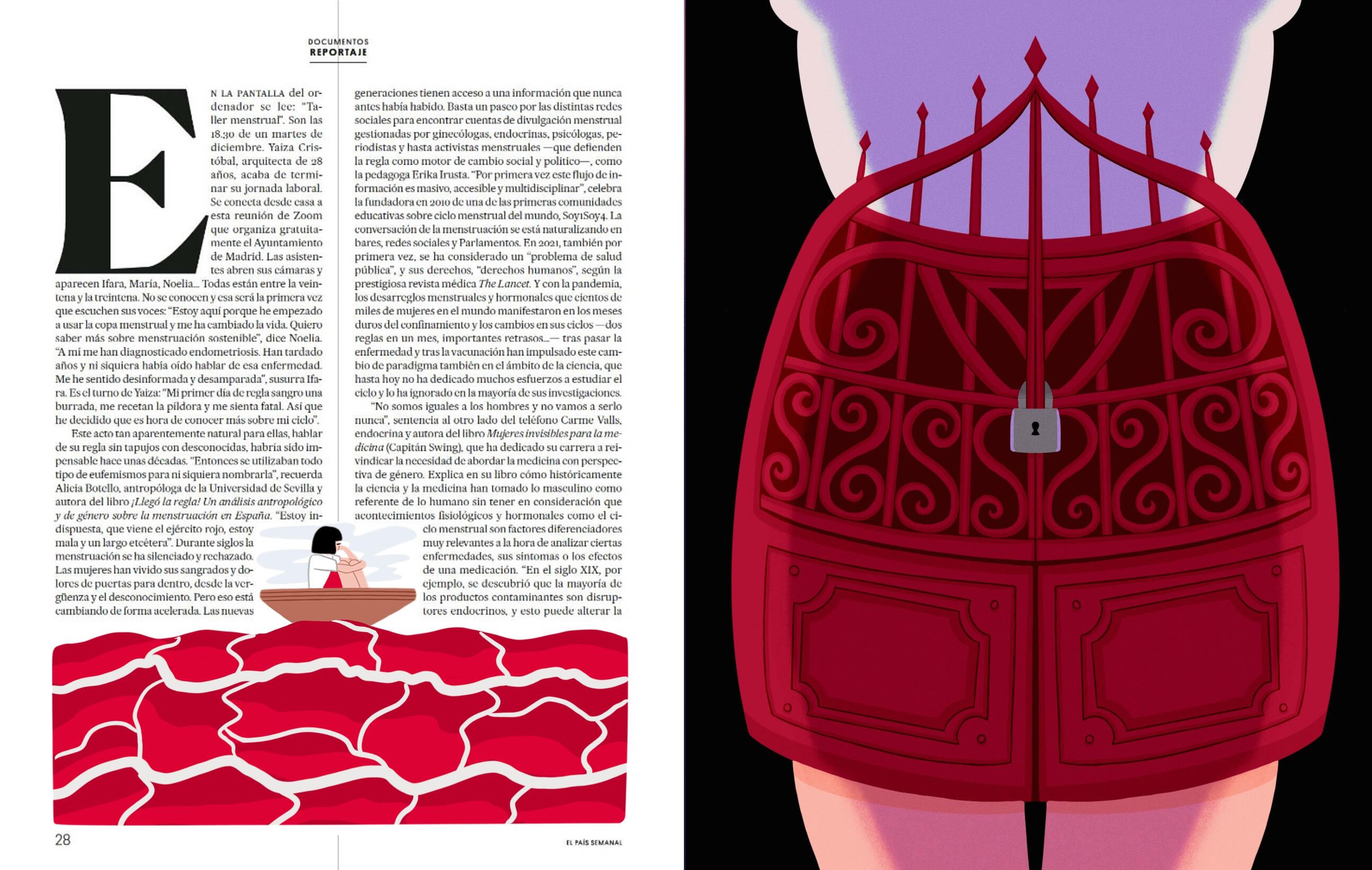 Editorial illustration accompanying an article about menstruation. On the left, a woman sits in a boat above a red sea. On the right, a red skirt transforms into an ornate locked gate, symbolizing restriction and concealment.